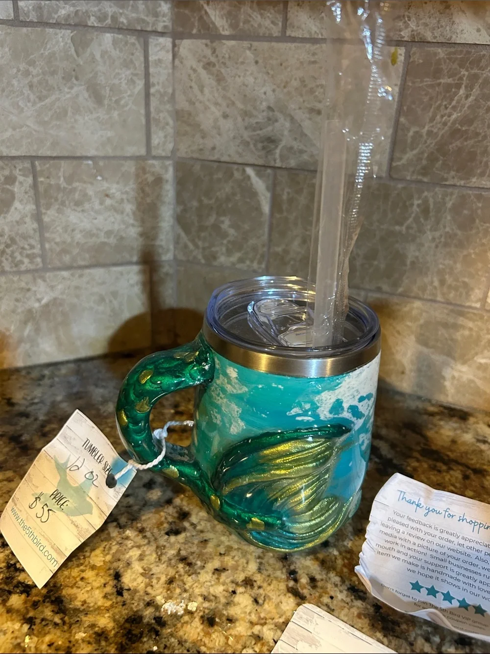 The 5th bird 12oz Mermaid tumbler, green, teal blue with straw, NWT
